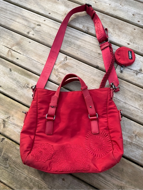 Desigual Handbags - Desigual Red Embroidered Nylon Tote Bag Crossbody Purse Convertible